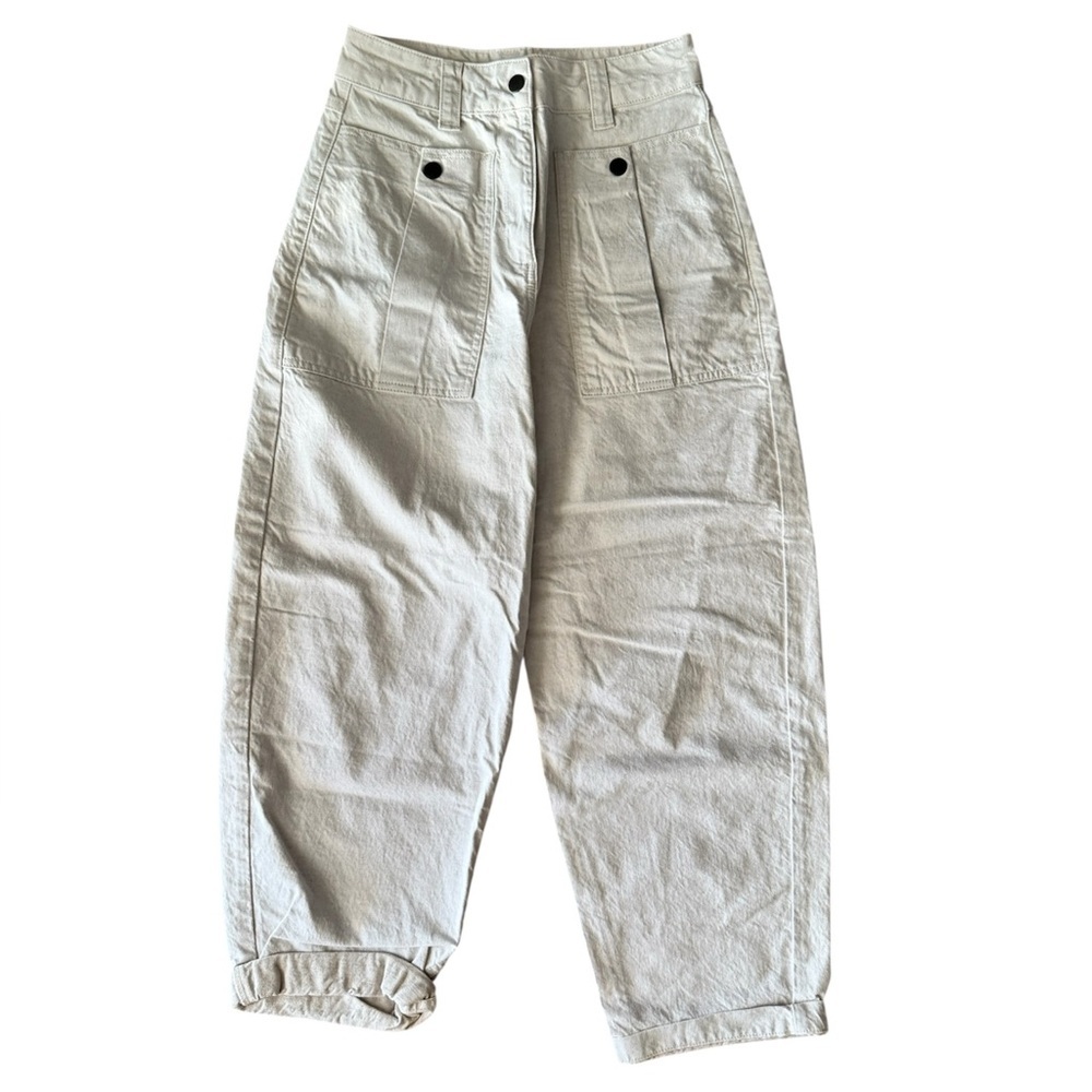 Topshop High Waisted Barrel Leg Jeans Denim Cream Ivory Khaki US 4 Button Zip